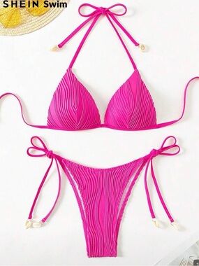 SHEIN Hot Pink Ribbed Triangle Tie-Side Bikini